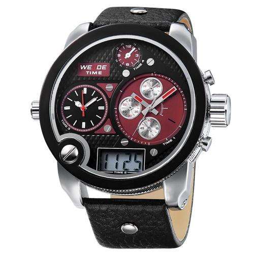 * New BIG Oversized  WEIDE 3 Time zone  Movement S/Steel watch **PU Leather Strap