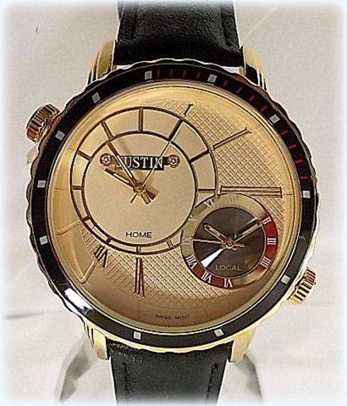 *** New BIG   2 XTime zone Swiss Movement  S/Steel watch ** Genuine Leather Strap