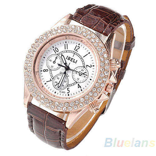 --***LADIES ** IBELI** CRYSTAL ENRICHED CASE  QUARTZ WATCH** LEATHER  STRAP