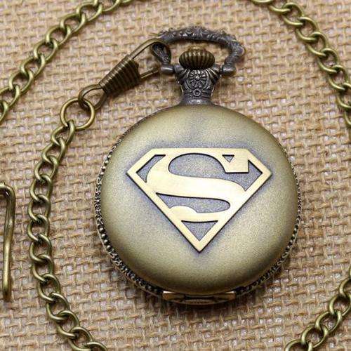***Antique Bronze Superman Quartz Pocket Watch+Chain P402
