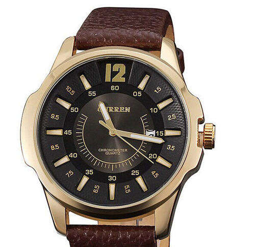 ***Luxury Curren Mens Leather Golden Quartz Calendar Analog Dial Wrist Watch B92U