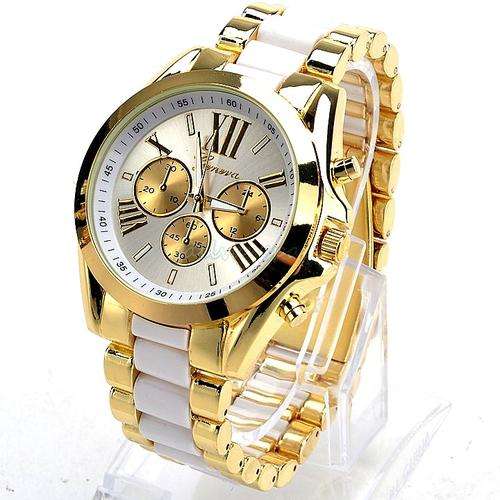 --***LADIES/MEN ** BEAUTIFUL WHITE/GOLD** HOT  FASHION   QUARTZ WATCH** S/S STRAP BLACK  DIAL