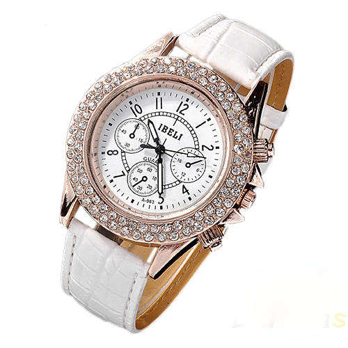 ***--***LADIES ** IBELI** CRYSTAL ENRICHED CASE QUARTZ WATCH** LEATHER STRAP