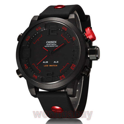 Black OHSEN Analog Digital Quartz Day Date Chronometer Mens Rubber Band Wrist Watch