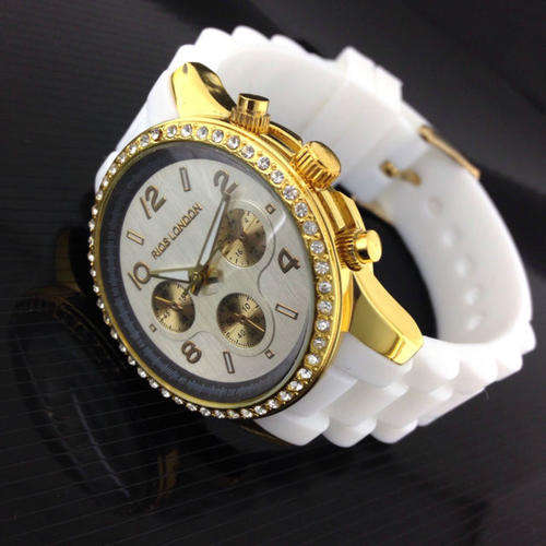 *** RI0S LONDON PREMIUM WHITE Czech DIAMANTE LADIES  GOLD WATCH