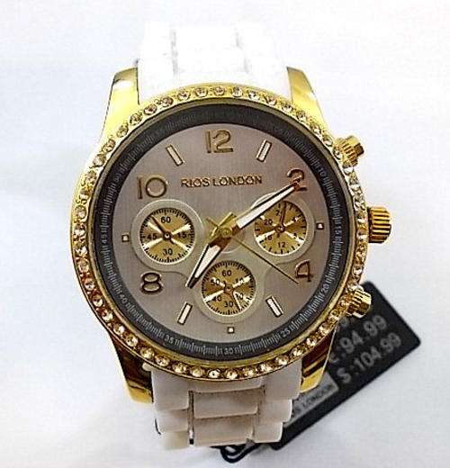 *** RI0S LONDON PREMIUM WHITE Czech DIAMANTE LADIES  GOLD WATCH