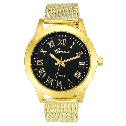 --********LADIES/MEN GENEVA BLACK  DIAL  GOLD  STAINLESS STEEL QUARTZ WATCH**