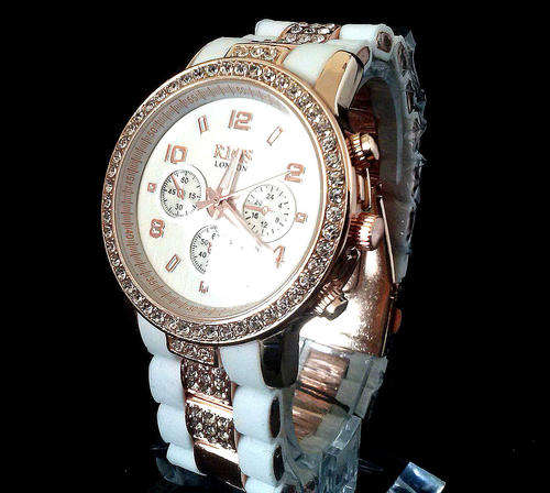 *** RI0S LONDON PREMIUM  Czech DIAMANTE LADIES ROSE GOLD/ WHITE WATCH