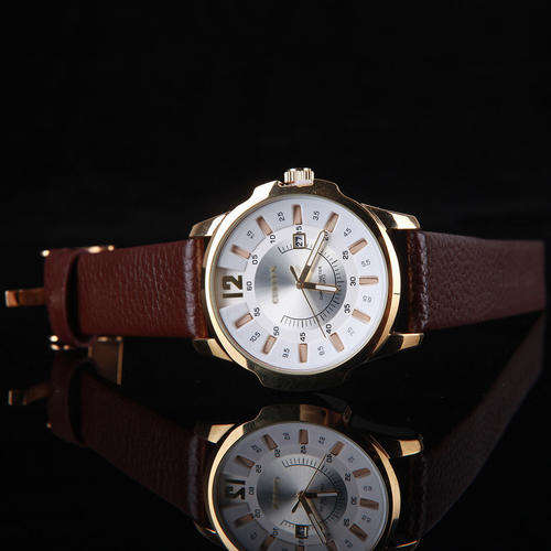***Luxury Curren ( MODEL: 8123 )   Mens Leather Golden Quartz Calendar Analog Dial Wrist Watch B92U