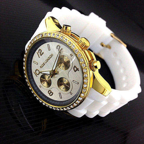 ***WHITE RI0S LONDON PREMIUM Czech DIAMANTE LADIES  GOLD WATCH