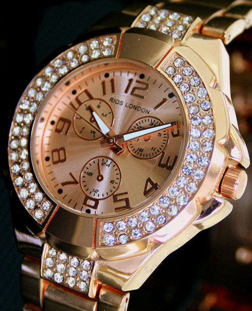 ** PRIMA**!! UK  DESIGNER RI0S LONDON PREMIUM QUALITY Czech DIAMANTE LADIES ROSE GOLD WATCH