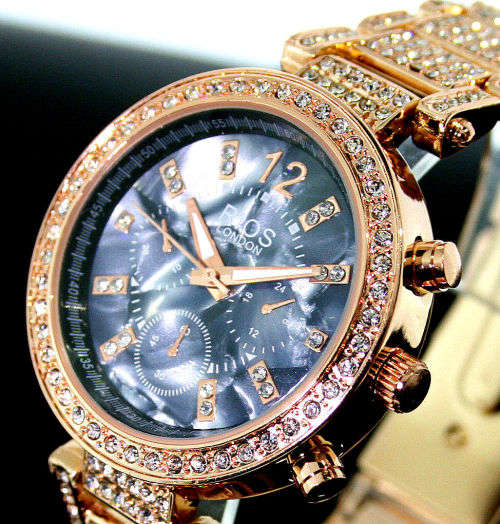 *** RI0S LONDON EXQUISITE  Czech DIAMANTE LADIES BLACK PREMIUM MARBLE FACE ROSE GOLD WATCH