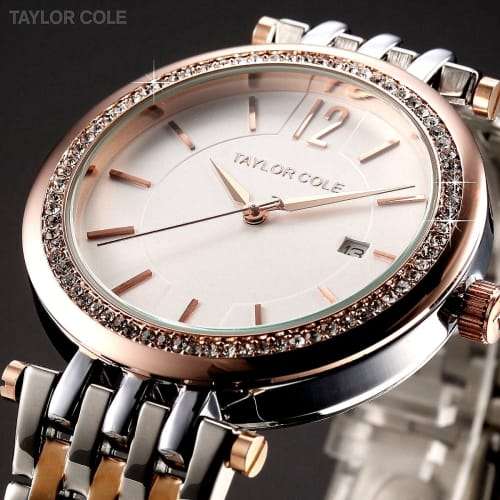 From UK** Taylor Cole Lady Silver/Gold Steel Band Bracelet Luxury Crystal Date Women Watch*TOP Brand