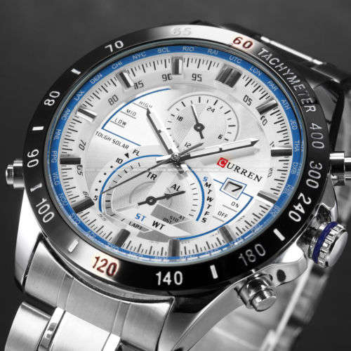 *** New  Mens  White  Dial  Quartz Watch Stainless steel Band