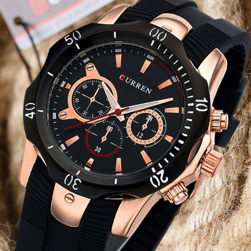 *** CURREN **MENS  HIGH QUALITY GOLD CASE STEEL  WATCH**SILICON STRAP