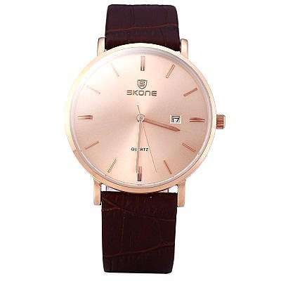 *SKONE BRAND 9400* BIG DIAL* Ultrathin  Calendar  CHAMPAGNE COLOR*  Quartz Watch with Leather Strap