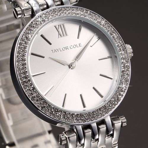 From UK** Taylor Cole Lady Silver Steel Band Bracelet Luxury Crystal  Women Watch*TOP Brand