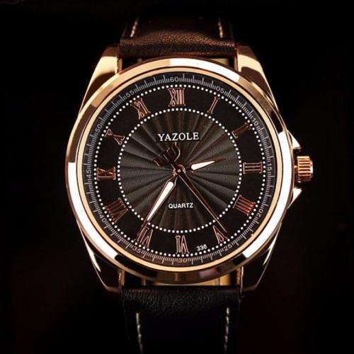 ***Men Mode  GOLD CASE Luxury  Quartz Wrist Watch Black Leather Band