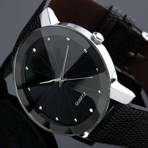 *LADIES/MEN LUXURY ANALOG DRESS WATCH* GLOSSY BLACK PU LEATHER STRAP*