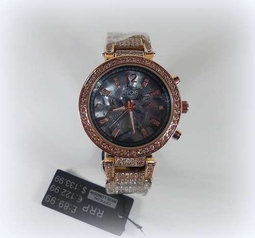 *** RI0S LONDON EXQUISITE  Czech DIAMANTE LADIES BLACK PREMIUM MARBLE FACE ROSE GOLD WATCH