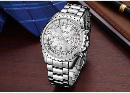 *** Curren 8053 HEAVY ALL STEEL MENS AUTO DATE SILVER QUALITY WATCH