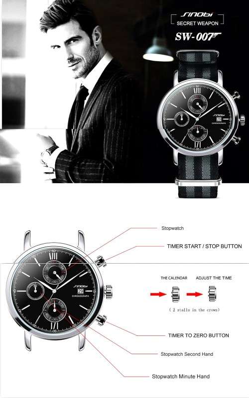 --***NEW SINOBI ELEGANT 6 HAND CHRONOGRAPG MENS NATO STRAP WATCH