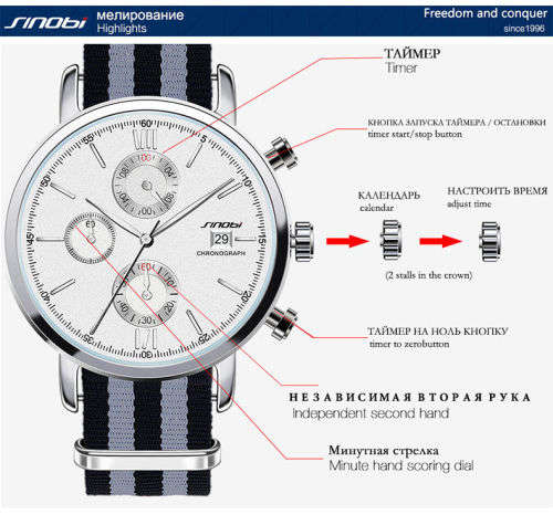 --***NEW SINOBI ELEGANT 6 HAND CHRONOGRAPG MENS NATO STRAP WATCH