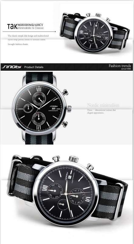 --***NEW SINOBI ELEGANT 6 HAND CHRONOGRAPG MENS NATO STRAP WATCH