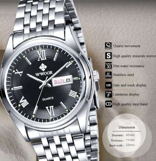 *** TOP QUALITY -MEN WWOOR ALL STEEL DRESS WATCH-ALL SILVER **