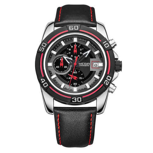 *** Megir Brand Top Watch** Genuine Leather Luxury Men Quartz Wristwatch CHRONOGRAPH * 6 HANDS *