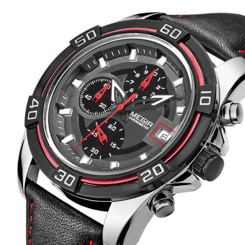 *** Megir Brand Top Watch** Genuine Leather Luxury Men Quartz Wristwatch CHRONOGRAPH * 6 HANDS *