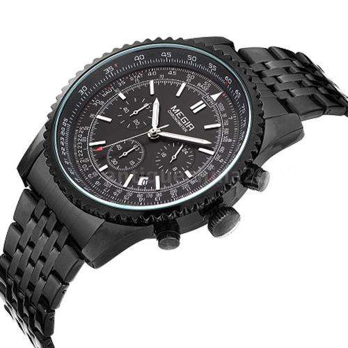 * Megir Brand Top Watch** All Black Steel  Luxury Men* 6 Hands * Quartz Wristwatch CHRONOGRAPH