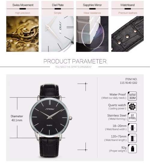 -- * **ELEGANT*ULTRA THIN*  SINOBI  STEEL UNISEX ANALOG DRESS WATCH**LEATHER BAND