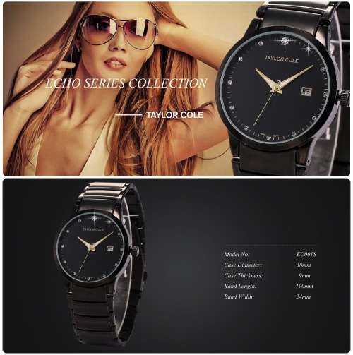 From UK**Magnifisant* Taylor Cole Lady Black Steel Band Bracelet Luxury  Date  Watch*TOP Brand