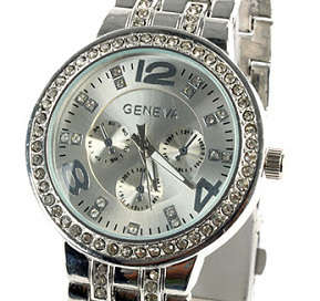 --**LADIES GENEVA FULL BLING SILVER DESIGNER STYLE  STAINLESS STEEL QUARTZ WATCH**