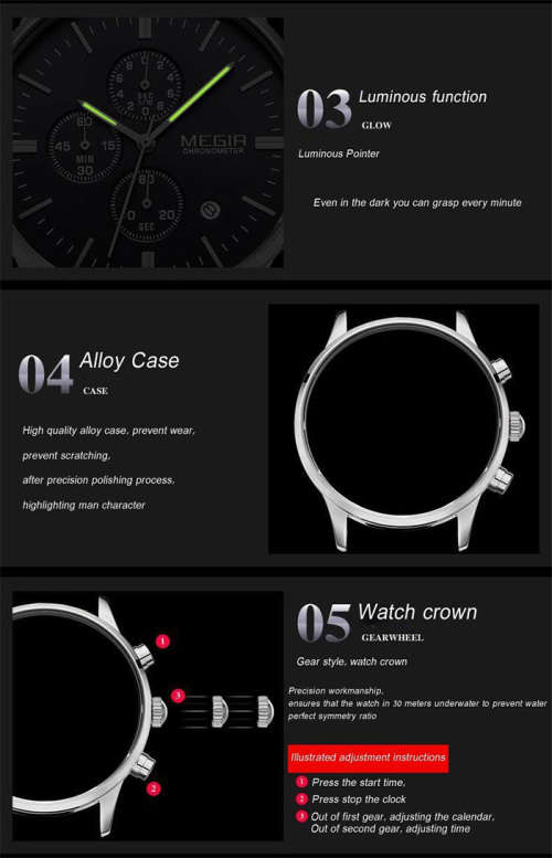 *** Megir Brand Top Watch** Nato Strap Luxury Men Quartz Wristwatch CHRONOGRAPH * 6 HANDS *
