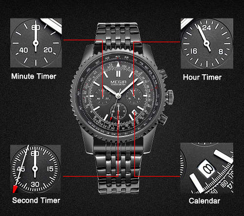 * Megir Brand Top Watch** All Black Steel  Luxury Men* 6 Hands * Quartz Wristwatch CHRONOGRAPH
