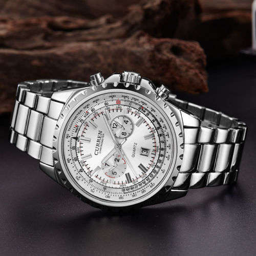 *** Curren 8053 HEAVY ALL STEEL MENS AUTO DATE ALL SILVER QUALITY WATCH