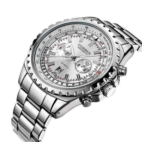 *** Curren 8053 HEAVY ALL STEEL MENS AUTO DATE ALL SILVER QUALITY WATCH