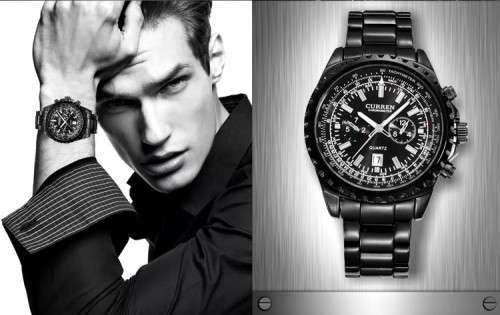 *** Curren 8053 HEAVY ALL STEEL MENS AUTO DATE ALL BLACK QUALITY WATCH