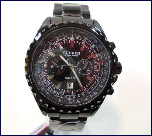 *** Curren 8053 HEAVY ALL STEEL MENS AUTO DATE ALL BLACK QUALITY WATCH