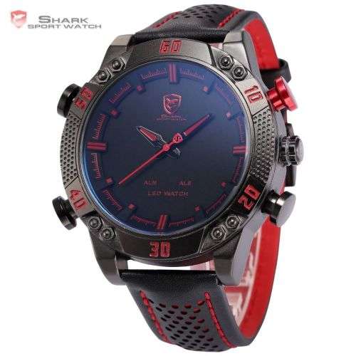 * SHARK Brand Top Kitefin  LED Digital Red Date Day Leather Watch*