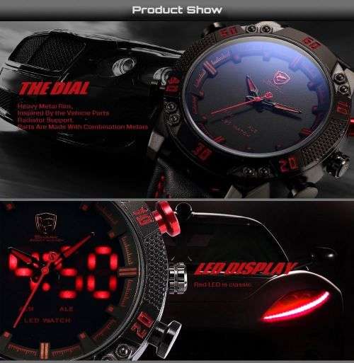 * SHARK Brand Top Kitefin  LED Digital Red Date Day Leather Watch*