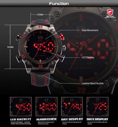 * SHARK Brand Top Kitefin  LED Digital Red Date Day Leather Watch*