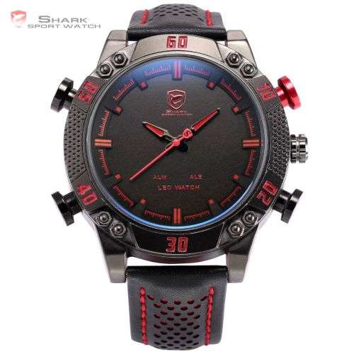 * SHARK Brand Top Kitefin  LED Digital Red Date Day Leather Watch*