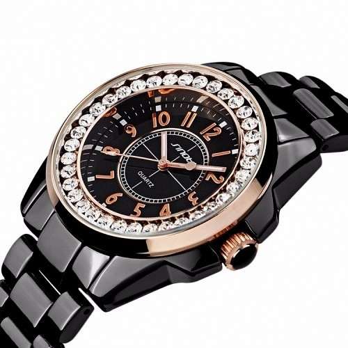 -***$51* --***LADIES **SWAROVSKI CRYSTAL ENCRUSTED ~SINOBI~BLACK&GOLD  QUARTZ Watch -