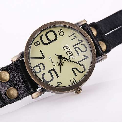 --*****WRIST WRAP***LADIES BLACK ** BIG DIAL BRONZED ANTIQUED WRAP WATCH*