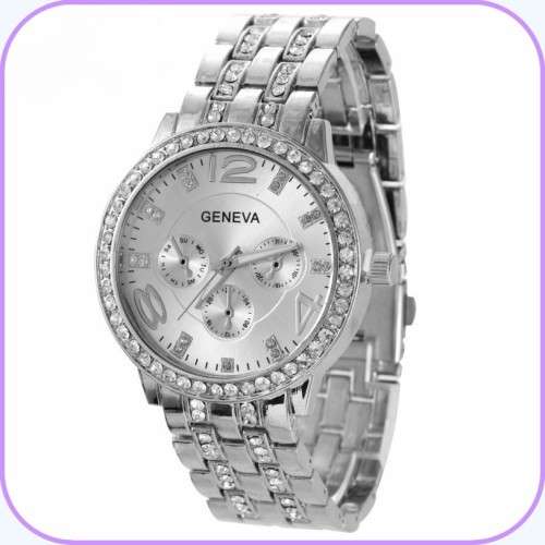 --**LADIES GENEVA FULL BLING SILVER DESIGNER STYLE  STAINLESS STEEL QUARTZ WATCH**