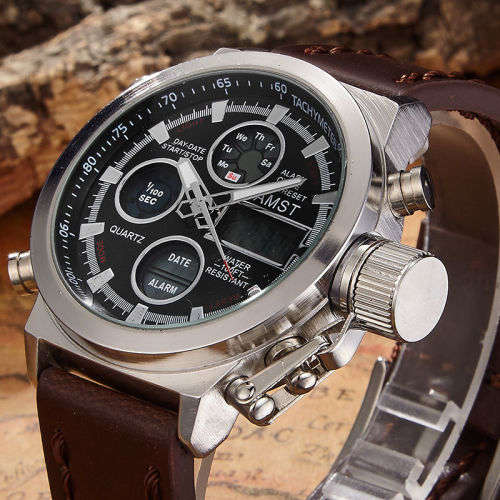 *AMST Brand Men Leather Strap Quartz Led Digital 50M Waterproof Army Military Watch