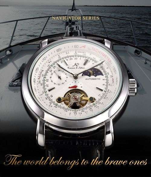 *KS White Automatic Mechanical Mens Black Leather Sport Classic Wrist Watch+Box*